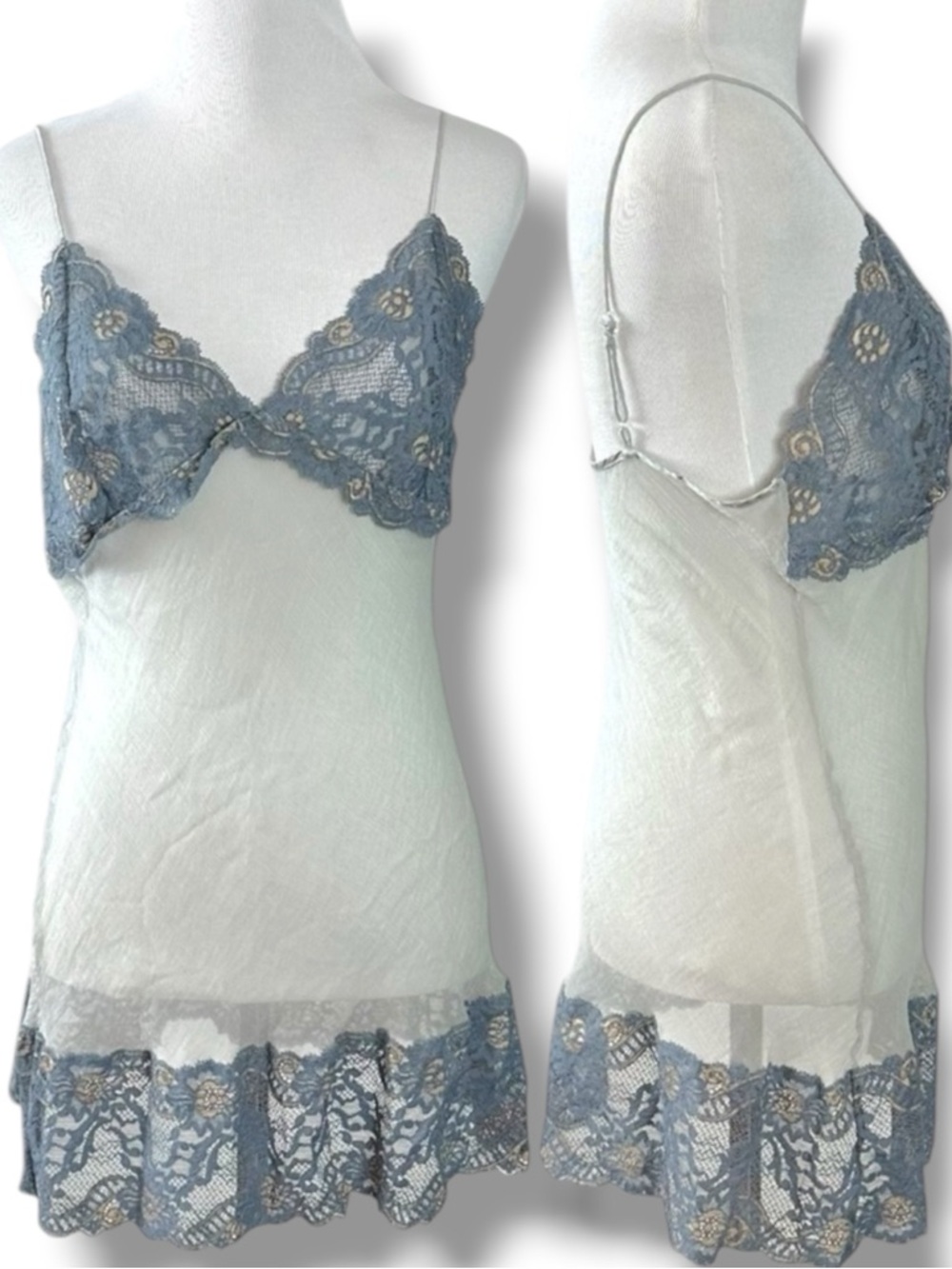 Vintage Mary Green Silk Sheer Mesh & Lace Fairy Slip Dress Nightie Small Grey